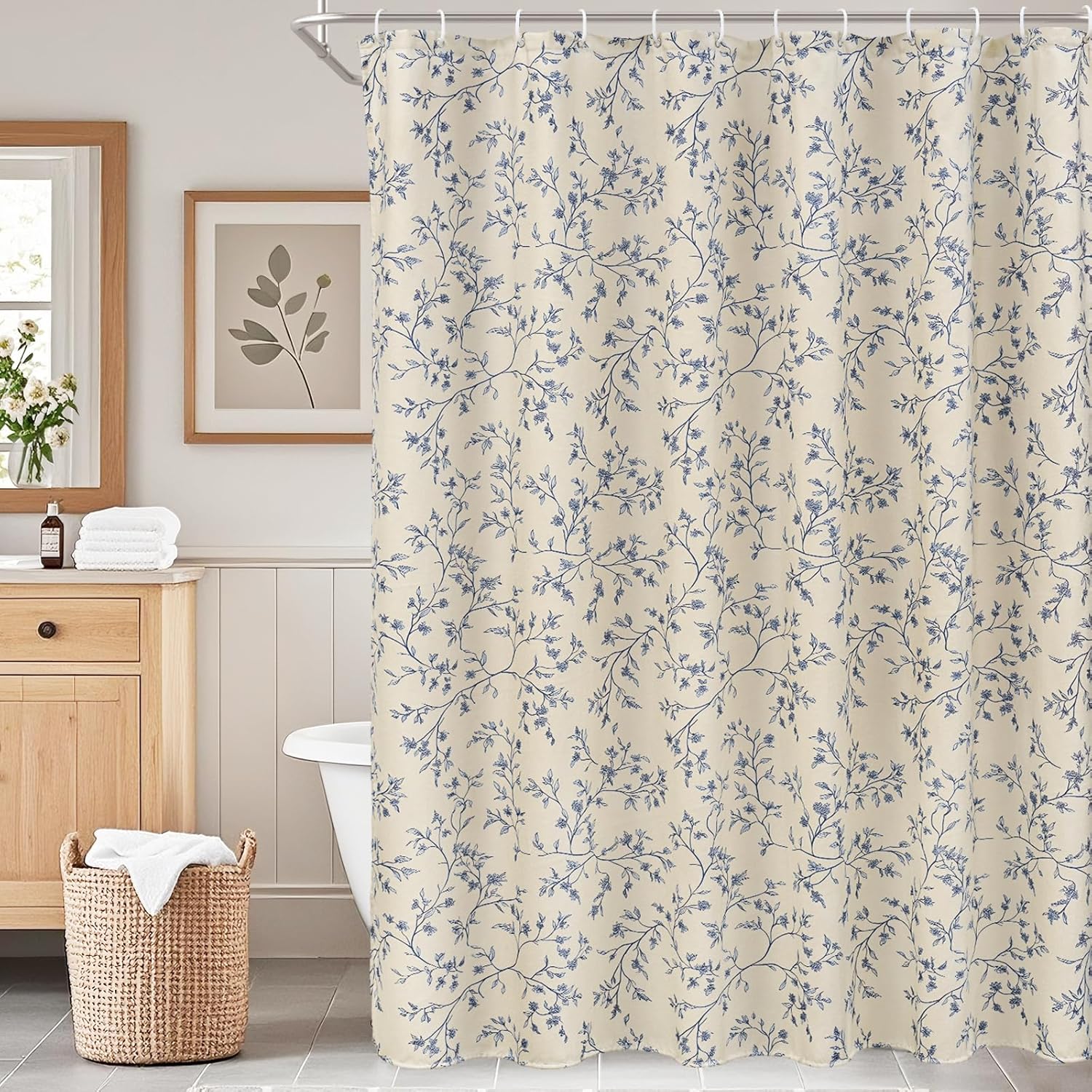 Blue Floral Shower Curtain Linen, Twiggy Leaves Cottagecore Shower ...
