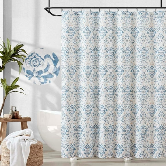 Blue Floral Shower Curtain, Medallion Damask Farmhouse Shower Curtains for Bathroom, Watercolor Retro Vintage Pattern Waterproof Fabric Shower Curtain, Bath Decor with Hooks 72x72 Inch