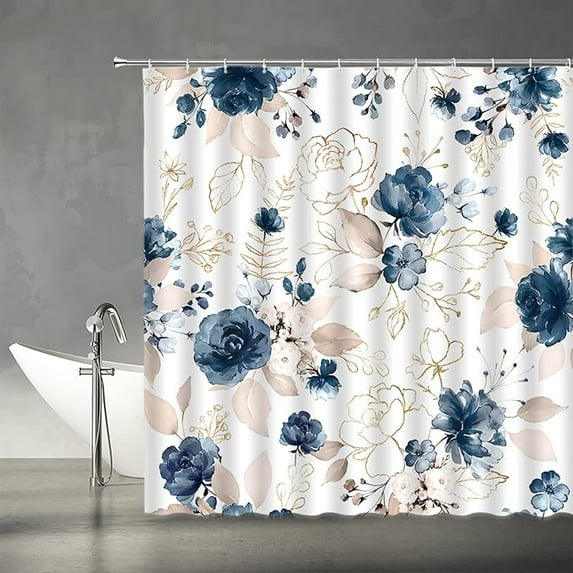 Blue Floral Shower Curtain Navy Blue Flower Elegant White Backgroud Modern Watercolor Plant Leaf Bathroom Decor Fabric Home With Hooks 72"W x 72"L (Pack of 1)