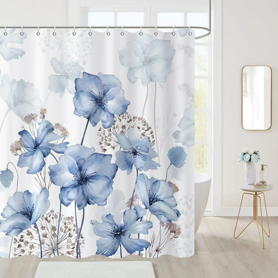 Blue Floral Shower Curtain, Navy Blue Watercolor Flower Modern Minimalist Bathroom Curtain Home Decor Waterproof Fabric Machine Washable with 12 PCS Hooks,72" Wx84 L