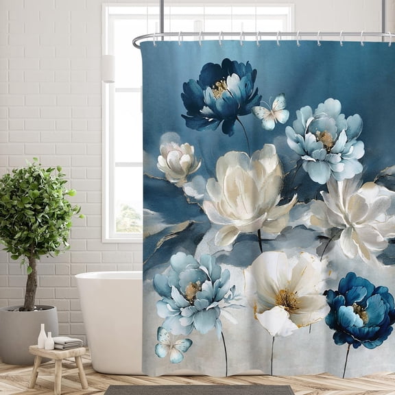 Blue Floral Shower Curtain Navy Gold Flower Boho Abstract White Vintage Dark Grey Watercolor Spring Art Country Rustic Pretty Bathroom Decor Set Polyester with Hooks 36"W x 72"L (Pack of 1)
