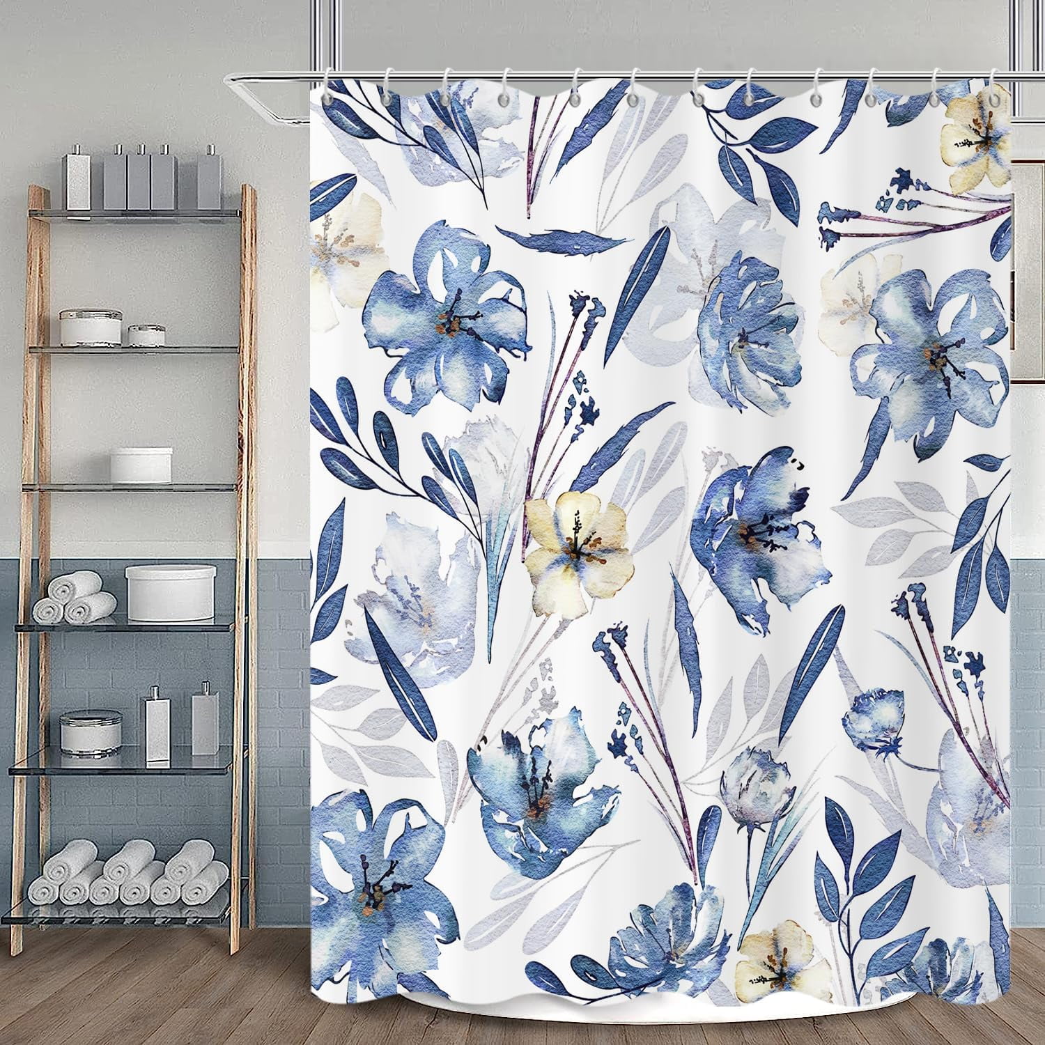 Blue Floral Linen Shower Curtain 72x72 - Twiggy Leaves Cottagecore Bathroom Decor, Farmhouse Style, Water-Repellent