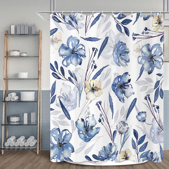 Blue Floral Shower Curtain, Navy Blue and Yellow Watercolor Flower Modern Minimalism Bathroom Curtain Home Decor Waterproof Fabric Machine Washable with 6PCS Hooks,36" Wx72 L