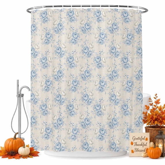 Blue Floral Shower Curtain Set - Standard 72" x 72" Washable Bathtub Curtain with 12 Hooks, Summer Coastal Flowers Plants Beige Waterproof Fabric Stall Shower Curtains for Bathroom/Bathtub Décor
