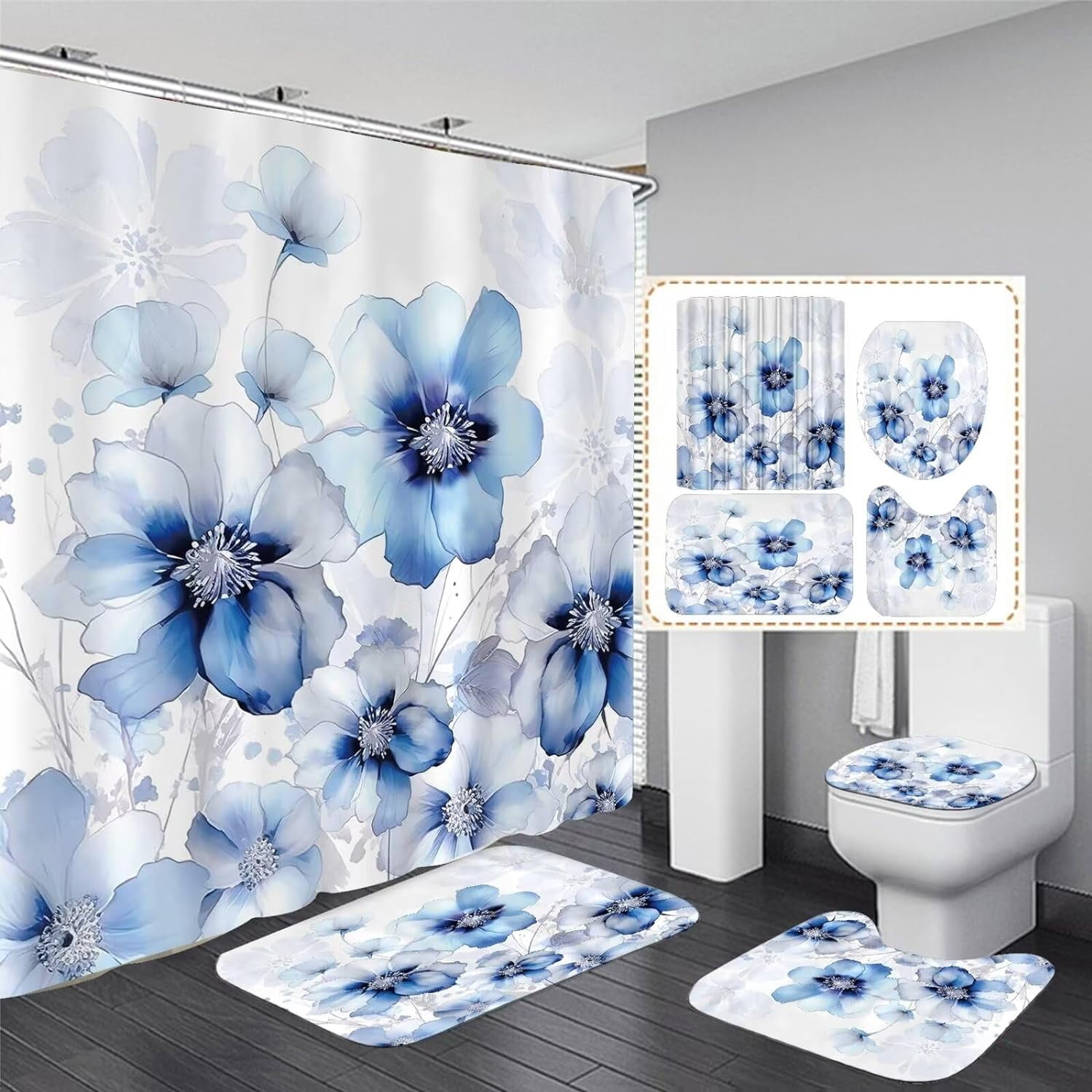 Blue Floral Shower Curtain Sets with Rugs 4 Piece Modern Flower ...