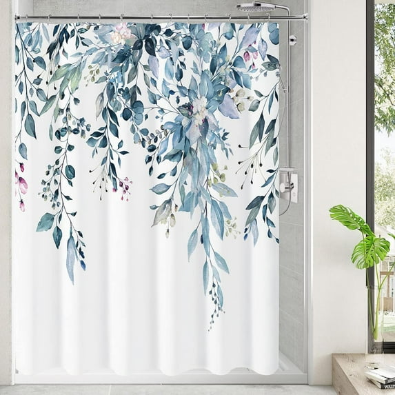 Blue Floral Shower Curtain Sets, Watercolor Plant Eucalyptus Leaves Waterproof Shower Curtain for Bathroom Decor with Hooks, 72x72