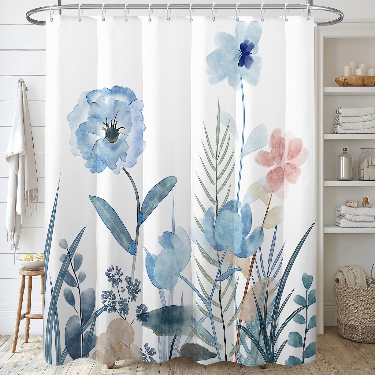 Blue Floral Shower Curtain Sets,White Blush Flowers Bathroom Shower ...