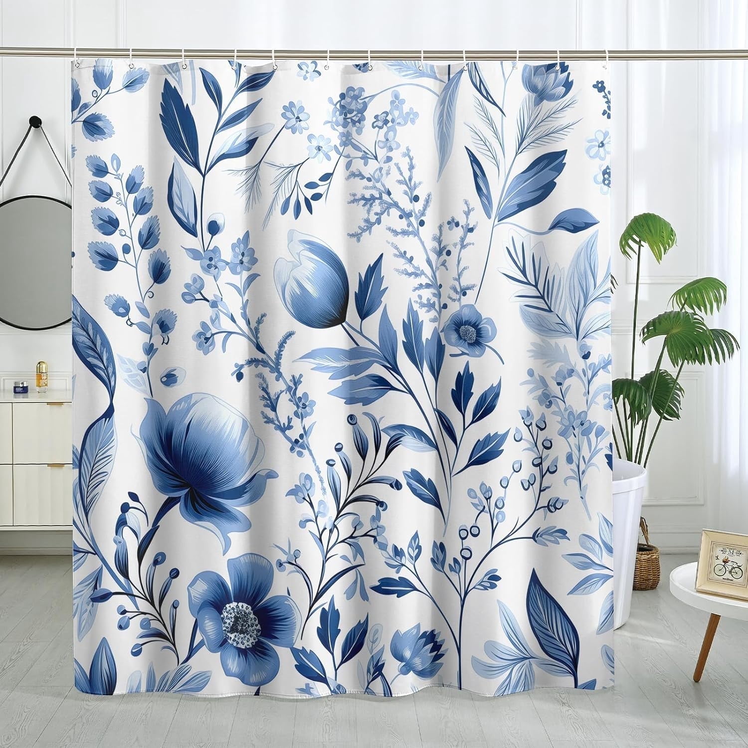 Blue Floral Shower Curtain Spring Watercolor Plant Shower Curtain Flower Bathroom Decor Polyester Fabric-72" x 72"