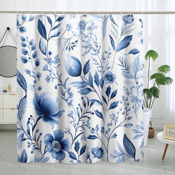 Blue Floral Shower Curtain Spring Watercolor Plant Shower Curtain Flower Bathroom Decor Polyester Fabric-72" x 72"