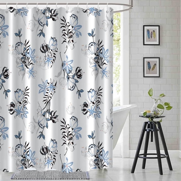 Blue Floral Shower Curtain, Watercolor Blue and Grey Shower Curtain for Bathroom Waterproof Fabric Aesthetic Shower Curtain Set with Hooks, 72x72 Inch