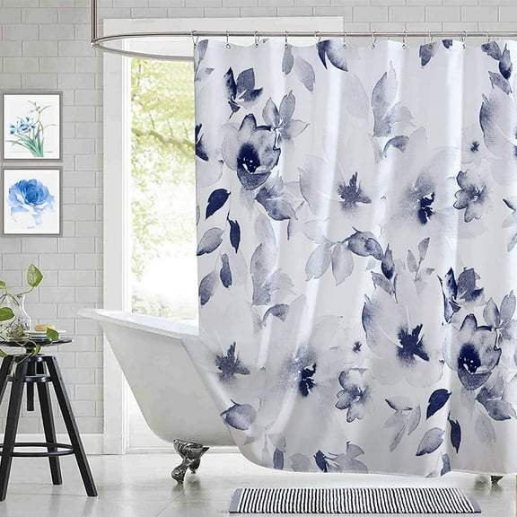 Blue Floral Shower Curtain,Watercolor Navy and White Flower Lush Blooms Bath Curtains,Modern Blue Ink Botanical Bathroom Curtains Sets with 12 Hooks 72x72in,Waterproof Fabric