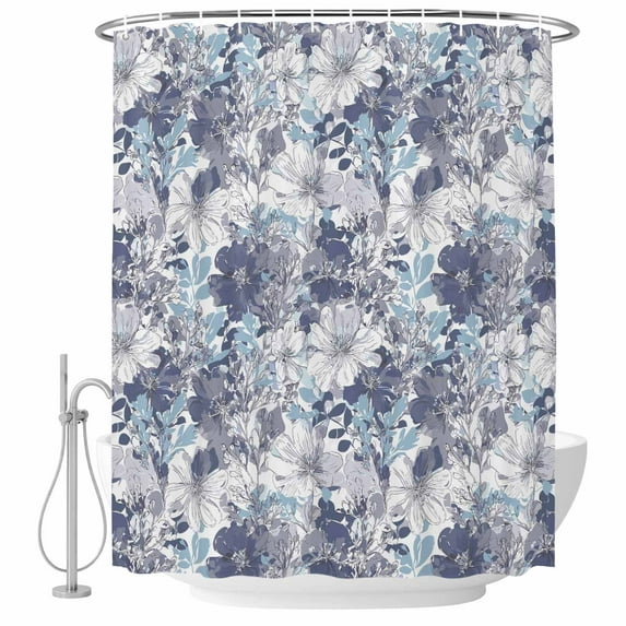 Blue Floral Shower Curtain, Waterproof Shower Curtains for Bathroom, Spring Botanical Flowers Leaves Vintage Washable Fabric Bathtub Curtain Set Bath Decor with 12 Hooks 48"x72"
