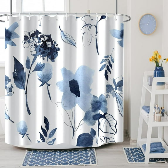 Blue Floral Shower Curtain for Bathroom Watercolor Ink Flowers Shower Curtain with Hooks Waterproof Fabric Shower Curtain Bathroom Decor 72x72inch