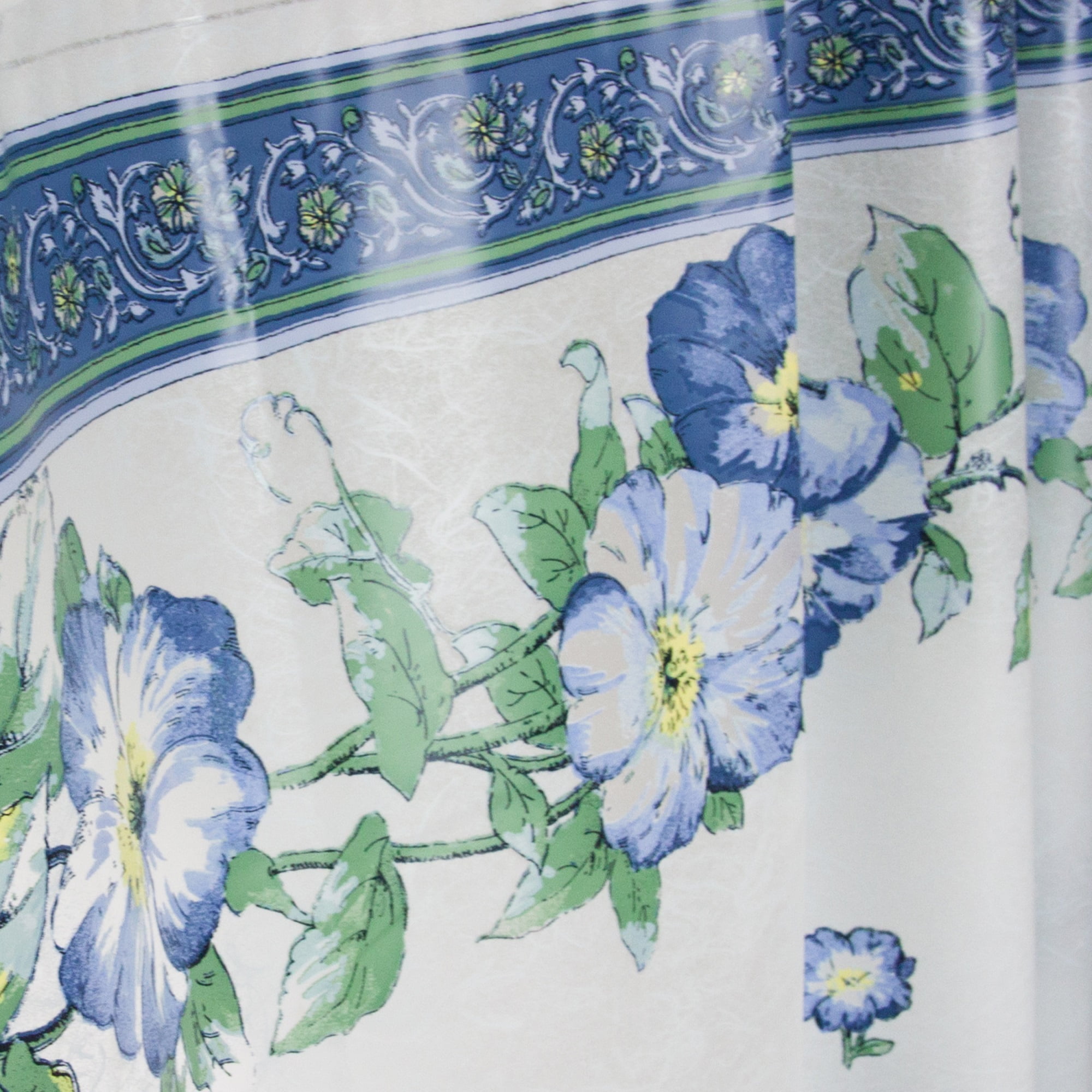 Blue and White Floral PEVA Shower Curtain with Rings