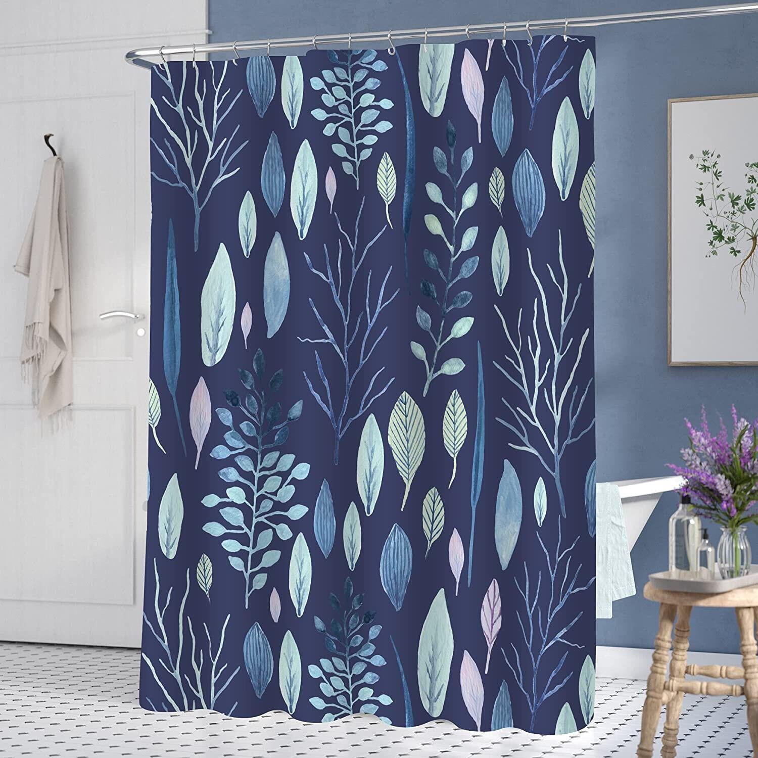 Blue Floral Shower Curtains Set Abstract Botanical Tropical Plant