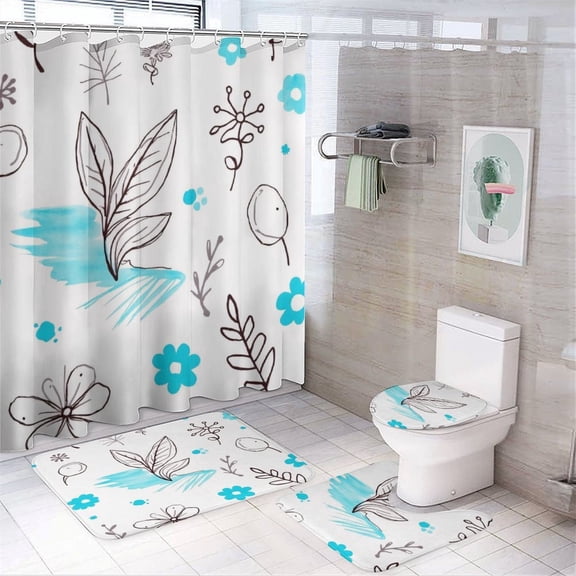 Blue Floral Sketch Pattern Shower Curtain Waterproof Bathroom Curtain Set with Hooks Home Decor Bathroom Curtains 4pcs