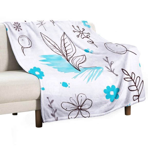 Blue Floral Sketch Pattern Throws Blankets for Sofa Bed Winter Plush Warm Blanket Holiday Gifts
