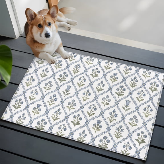 Blue Floral Small Area Rugs 2x3 Country Pastoral Classic Flowers Green Leaf Plaid Grid Entryway Rugs Washable Door Mat, Low-Profile Area Rugs Non Slip Floor Carpet for Living Room Bedroom Home Office