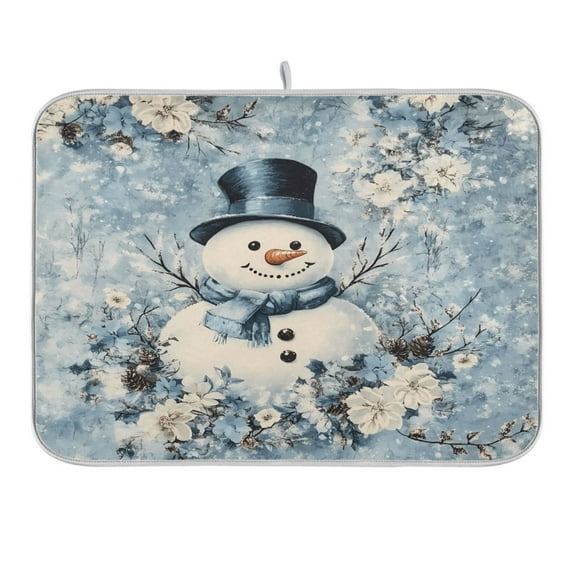 Blue Floral Snowman Dish Drying Mat 16x18 Absorbent Microfiber Draining Rack Pad for Kitchen Counter Sink