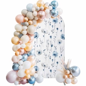 Blue Floral Spring Arch Backdrop Cover 4x1.65 Ft, Spandex Wedding Arch Stand Cover, Farmhouse Poppy Botanical Round Top Stretch Fitted Background Covers for Birthday Ceremony Party Decor