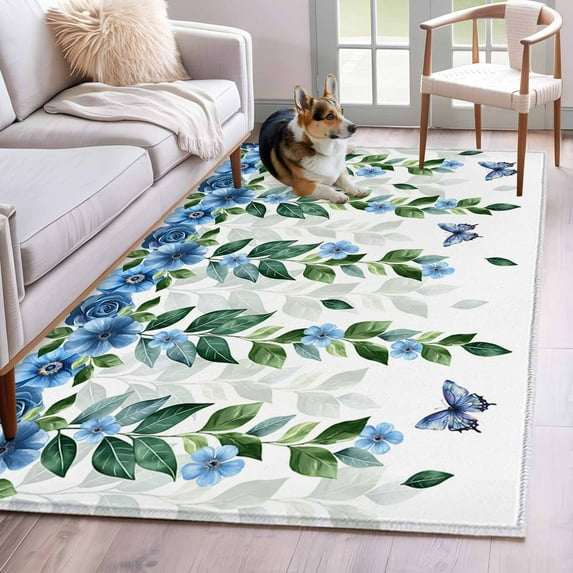 Blue Floral Spring Area Rug 4x6 Washable Rug Non Slip Summer Pastoral Botanical Watercolor Large Area Rug Indoor Floor Carpet for Entryway Bedroom Kitchen Living Room Home Office Dining Room Nursery
