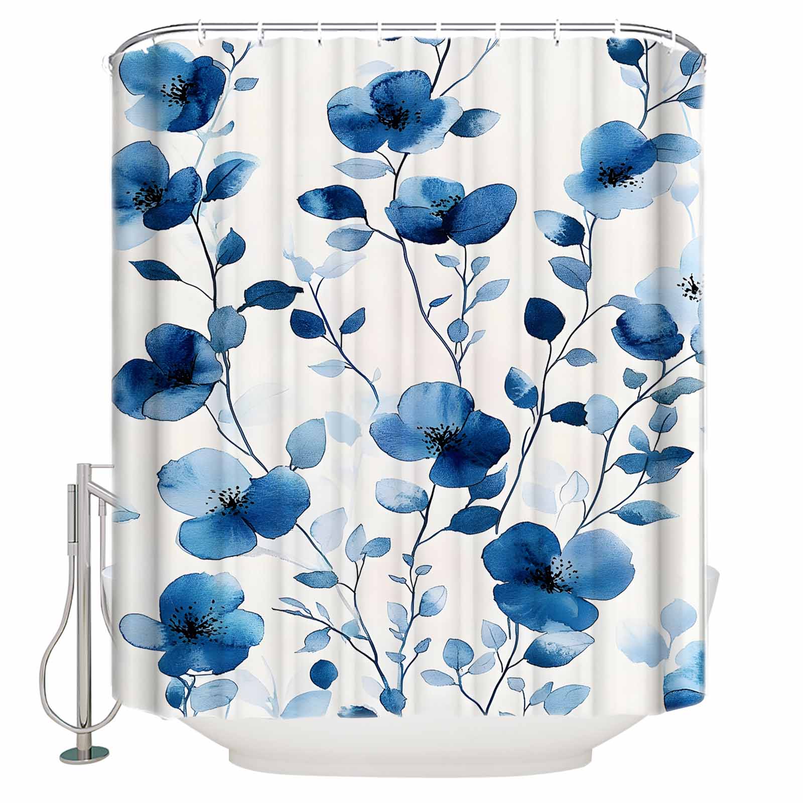 Blue Floral Spring Bathroom Shower Curtains with 12 Hooks Polyester ...