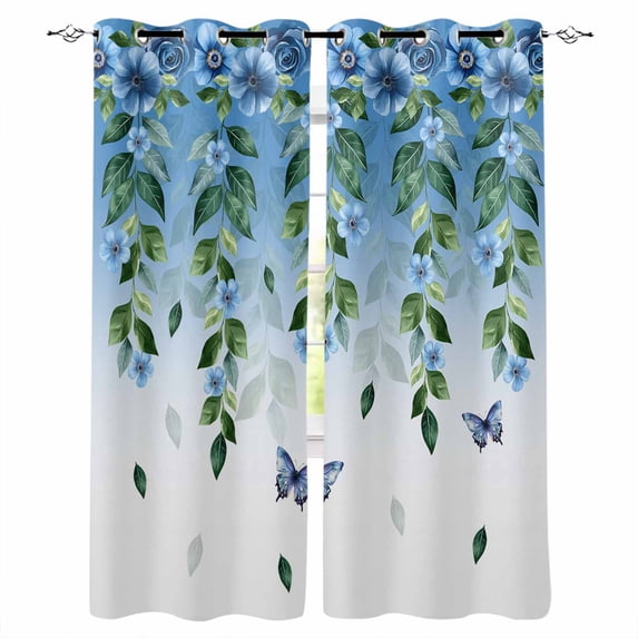 Blue Floral Spring Blackout Curtains for Bedroom Living Room Darkening Curtains 54 Inch Long Summer Pastoral Botanical Butterfly Short Curtain for Small Window Treatment Grommet Drapes 42"x54"x2