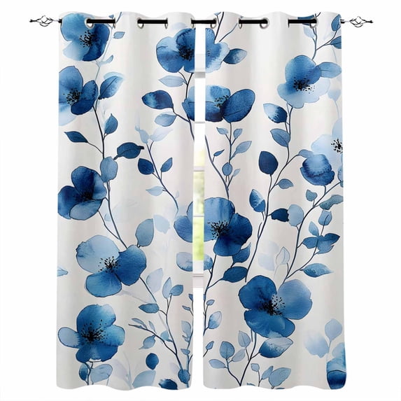 Blue Floral Spring Blackout Curtains for Bedroom Living Room Darkening Curtains 54 Inch Long Vintage Botanical Blossom Flower Short Curtain for Small Window Treatment Grommet Drapes 52"x54"x2