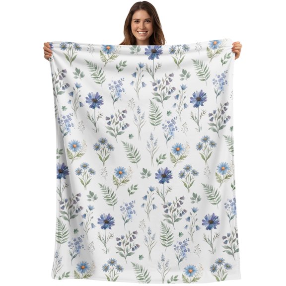 Blue Floral Spring Blanket Soft Cozy Warm Throw Blanket for Couch, Plush Fuzzy Flannel Blankets for Sofa, Pine Needles Green Botanical Chic Bed Blankets Lightweight Gifts for Women, 30"x40"
