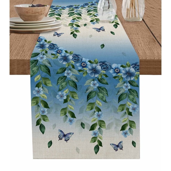 Blue Floral Spring Burlap Cotton Table Runner 16x72 Inches Long, Summer Farmhouse Botanical Butterfly Farmhouse Table Runners, Outdoor Dining Tablecloths Decor for Baby Shower/Party/Wedding