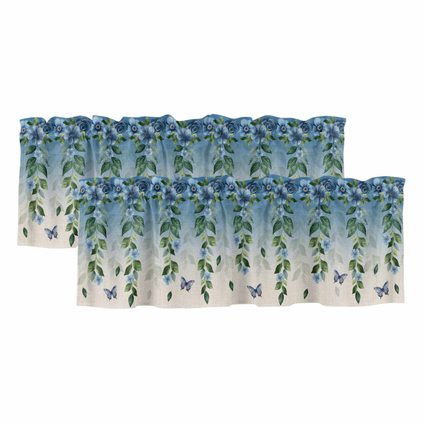 Blue Floral Spring Curtain Valances for Windows, Kitchen Valance Window ...