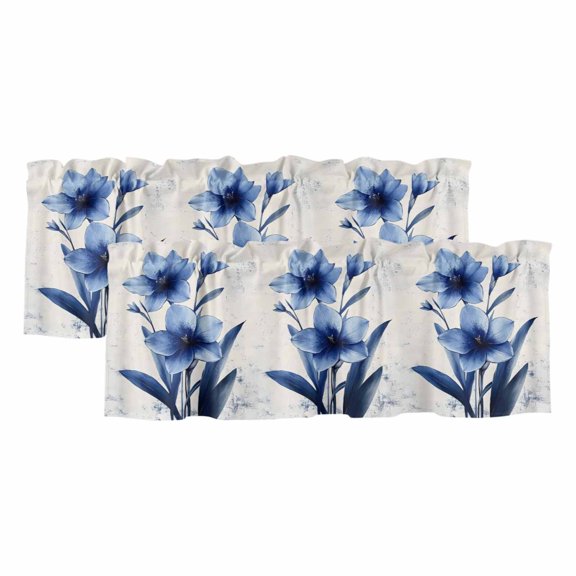 Blue Floral Spring Curtain Valances for Windows, Kitchen Valance Window Treatments Panel 2 Pack, Vintage Verdant Flower Patterns Rod Pocket Short Curtains for Bathroom Bedroom 42 x 12 Inch