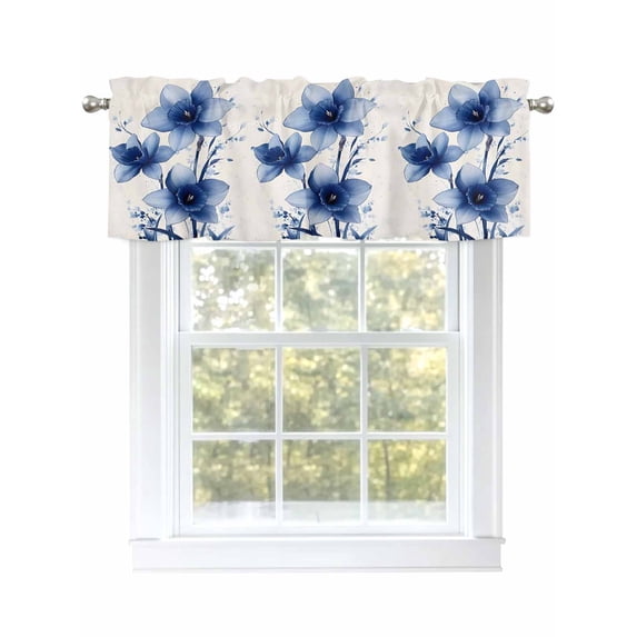 Blue Floral Spring Curtain Valances for Windows, Summer Watercolor Wildflowers Kitchen Valance Window Treatment, Light Filtering Block Curtains for Bathroom/Bedroom/Living Room 42'' x 18''