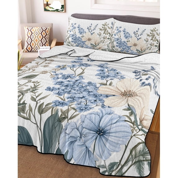 Blue Floral Spring Full Size Down Alternative Comforter, Lightweight Comforter Quilt Bedding Set with Pillow Shams Vintage Summer Botanical Flower All Seasons Bed Comforter Duvet Insert 78"x90"