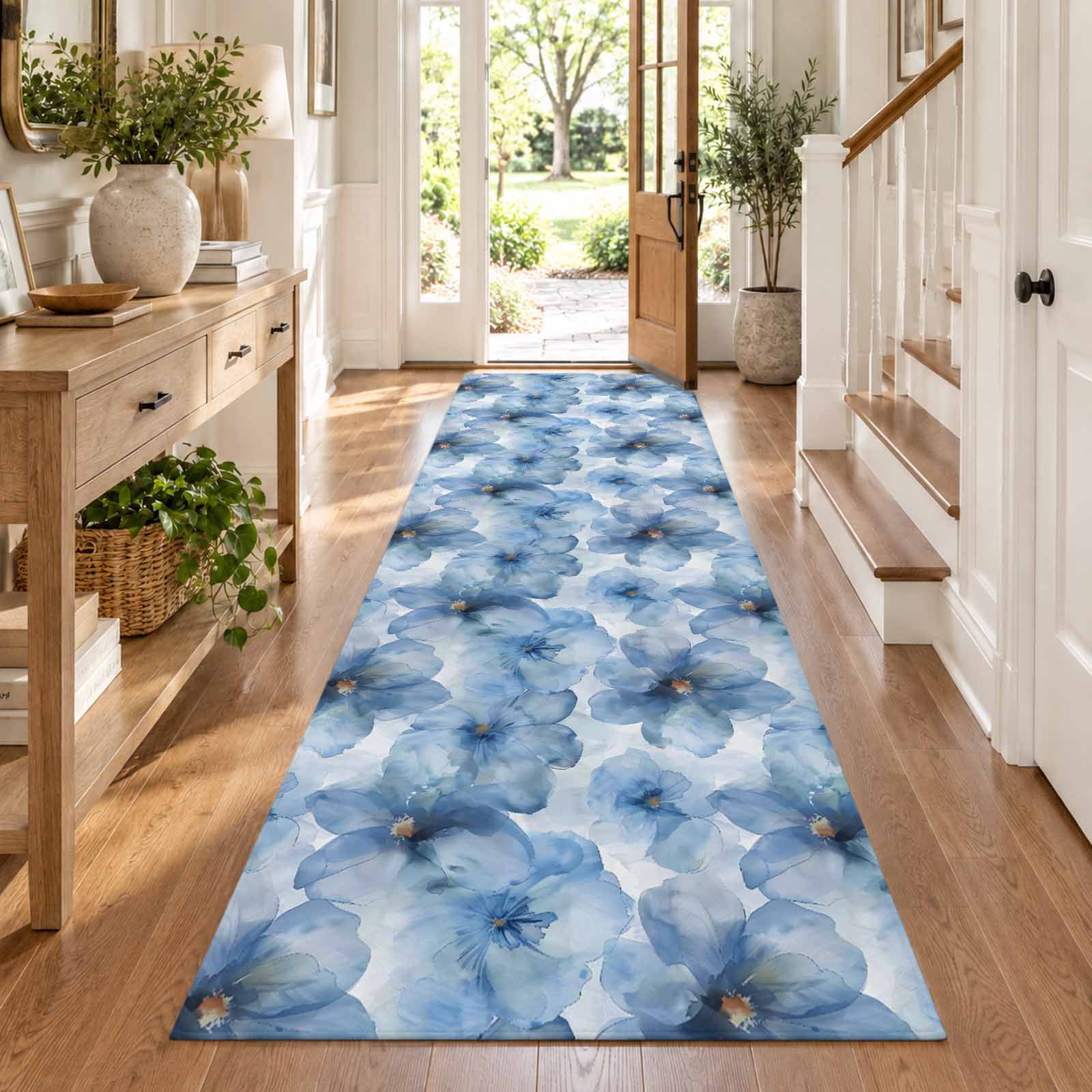 Blue Floral Spring Hallway Runner Rug 2'6