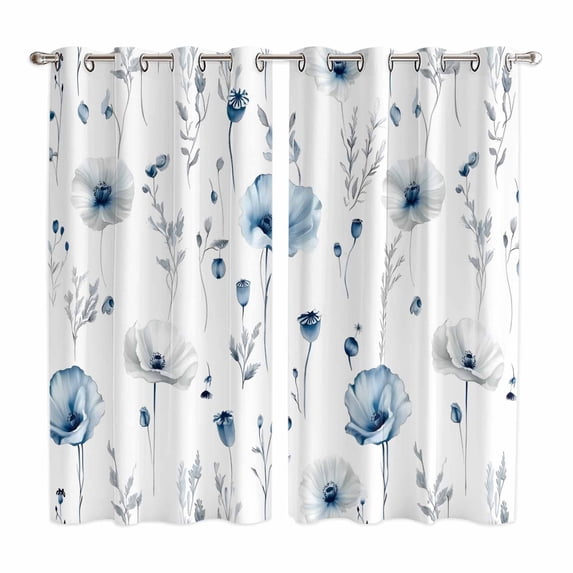 Blue Floral Spring Kitchen Curtains 84 Inch Length, Farmhouse Poppy Botanical Grommet Top Bedroom Living Room Curtains, Light Filtering Cafe Curtain Drapes 2 Panels Set 104''x84''