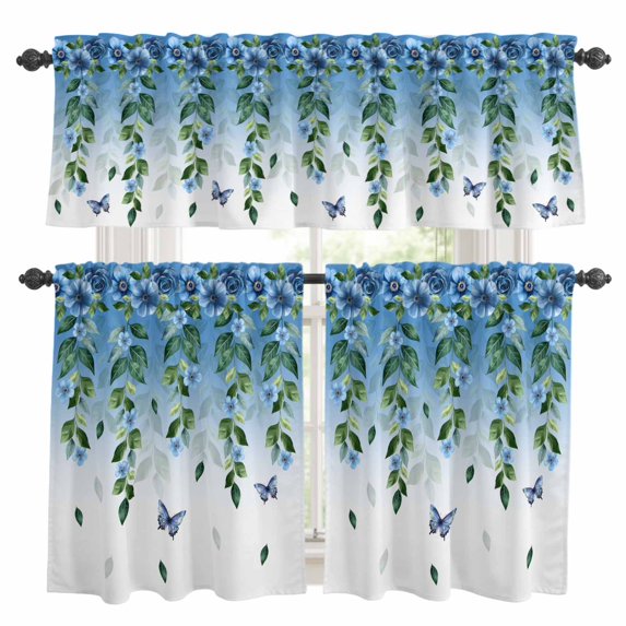 Blue Floral Spring Kitchen Curtains Sets for Windows 24 Inch Length, Summer Pastoral Botanical Butterfly Rod Pocket Window Treatments Tier Curtains and Valances Set for Bedroom/Bathroom
