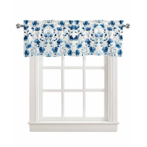 Blue Floral Spring Kitchen Valances for Windows Farmhouse Linen Window Valance Curtain for Living Room Window Treatment Vintage Botanical Blossom Flower Valance Rod Pocket Topper Drape, 42 x 12 Inch