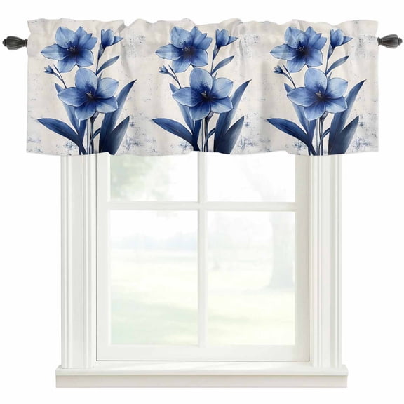 Blue Floral Spring Kitchen Valances for Windows, Vintage Verdant Flower Patterns Bathroom Window Valances 42x12 Inch Rod Pocket Window Treatments Valance Curtains for Living Room Bedroom Decor
