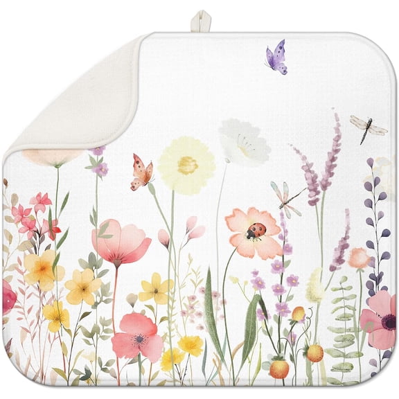 Blue Floral Spring Large Dish Drying Mat for Kitchen Counter 18x24 Microfiber Absorbent - Foldable, Non-Slip, Compact Kitchen XL Drying Mats for Dishes, Countertops, and Cookware