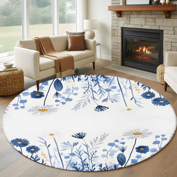 Blue Floral Spring Large Round Rug 8 FT, Non Slip Living Room Area Carpet, Summer Botanical Pastoral Washable Soft Circle Rug Non-Shedding Floor Carpet for Bedroom Office Dining Room