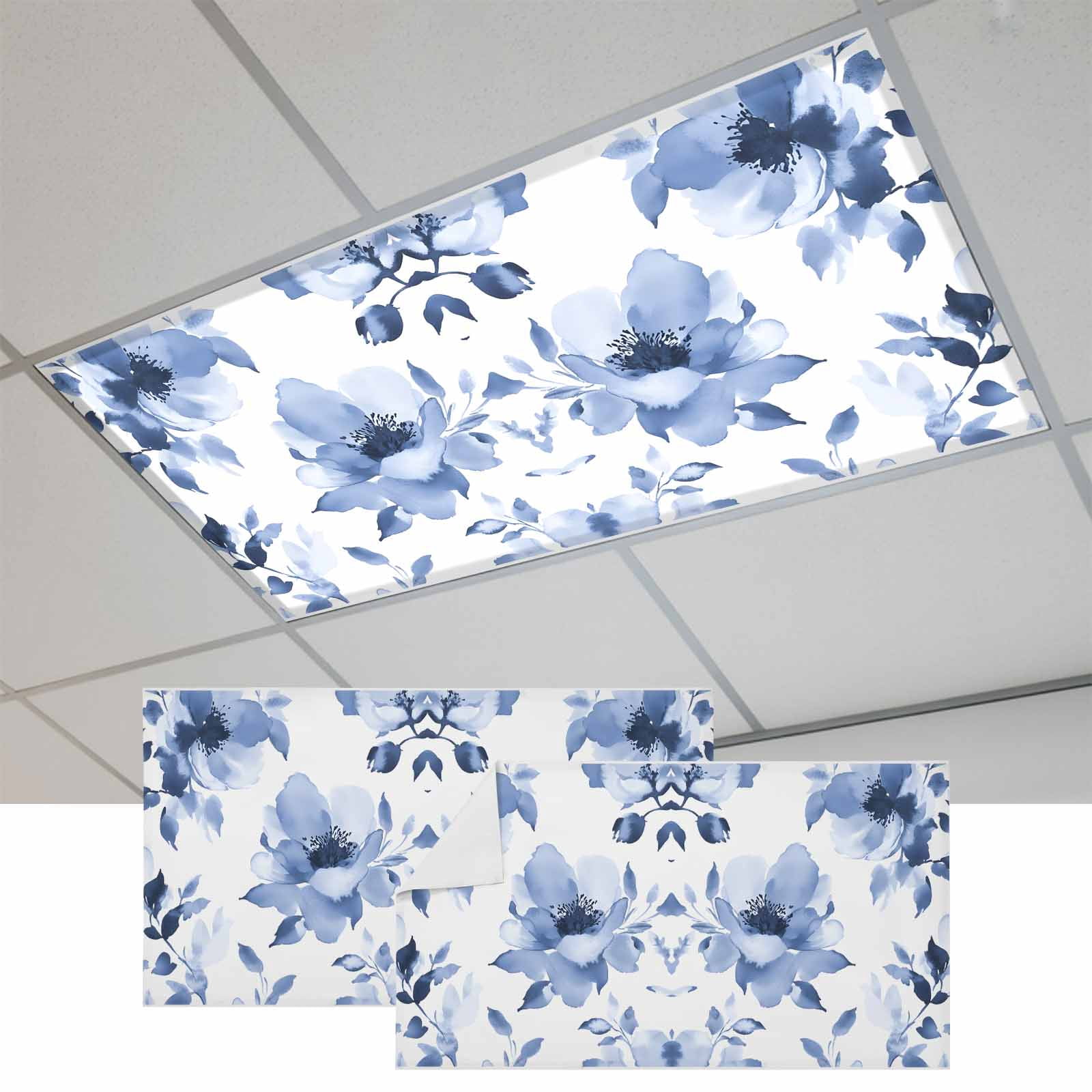 Blue Floral Spring Magnetic Fluorescent Light Covers for Ceiling Lights ...
