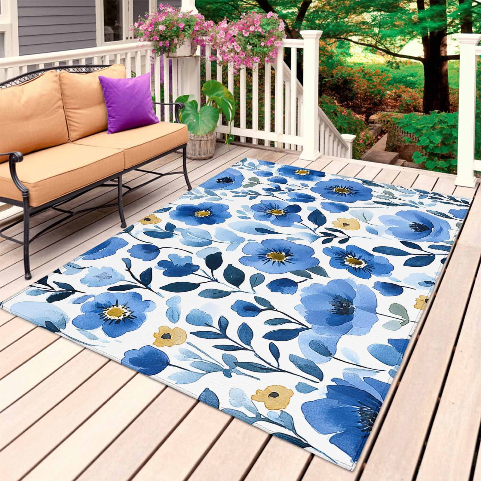 Blue Floral Spring Outdoor Rug for Patio/Deck/Porch, Non-Slip Large Area Rug 4 x 6 Ft, Farmhouse Botanical Summer Indoor Outdoor Rugs Washable Area Rugs, Reversible Camping Rug Carpet Runner