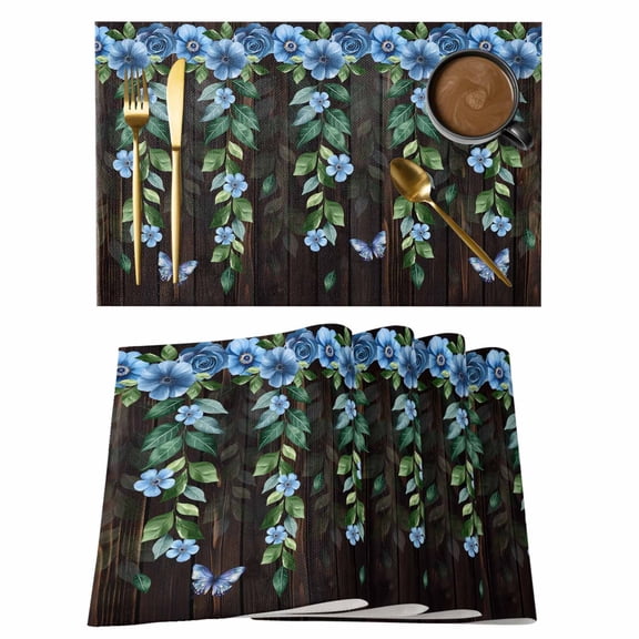 Blue Floral Spring Placemats Set of 12 Summer Vintage Botanical Wooden Place Mats Indoor Wipeable Table Mats Washable Cloth Dining Table Placemats for Kitchen Holiday Party Home Decor 13x19 Inch