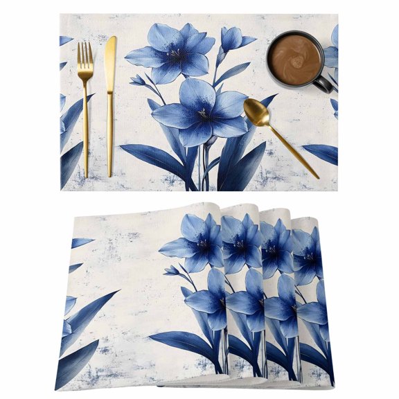 Blue Floral Spring Placemats Set of 4 Vintage Verdant Flower Patterns Place Mats Indoor Wipeable Table Mats Washable Cloth Dining Table Placemats for Kitchen Holiday Party Home Decor 13x19 Inch