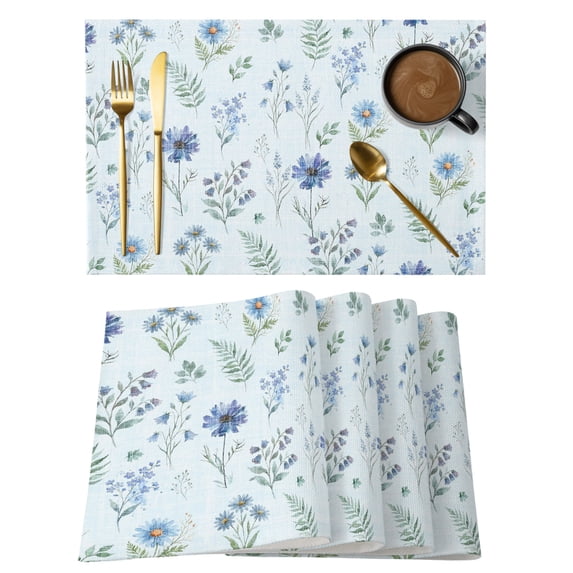 Blue Floral Spring Placemats Set of 8 Blue Farmhouse Green Botanical Chic Place Mats Indoor Wipeable Table Mats Washable Cloth Dining Table Placemats for Kitchen Holiday Party Home Decor 13x19 Inch