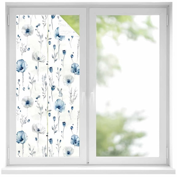 Blue Floral Spring Privacy Window Film, Decorative Frosted Glass Window Film, Farmhouse Poppy Botanical Reusable Peel and Stick Static Cling for Home Bathroom Office Glass Door 17.7"x39.3"