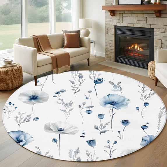 Blue Floral Spring Round Area Rug 5 FT, Non Slip Bedroom Rugs, Farmhouse Poppy Botanical Washable Soft Circular Carpet Non-Shedding Floor Mat for Kitchen Dining Room Foyer Balcony Dorm