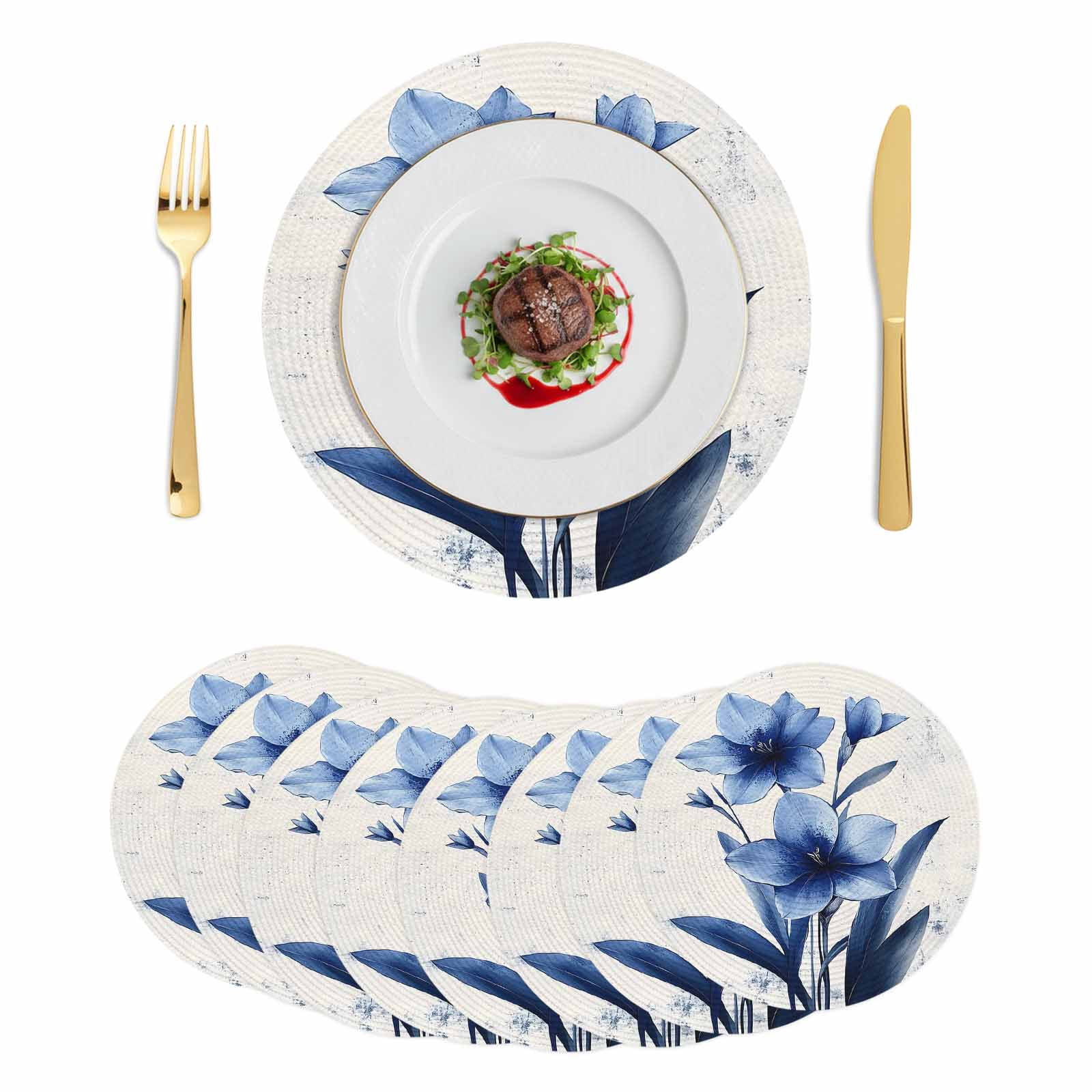 Blue Floral Spring Round Placemats Set of 8 Vintage Verdant Flower ...