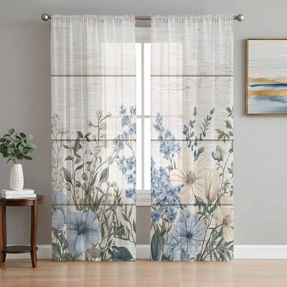 Blue Floral Spring Semi Sheer Window Curtains 108 Inches Long, Summer Botanical Flower Vintage Rod Pocket Voile Silky Chiffon Curtain Light Filtering Drapes for Living Room, 52"x108", 2 Panels